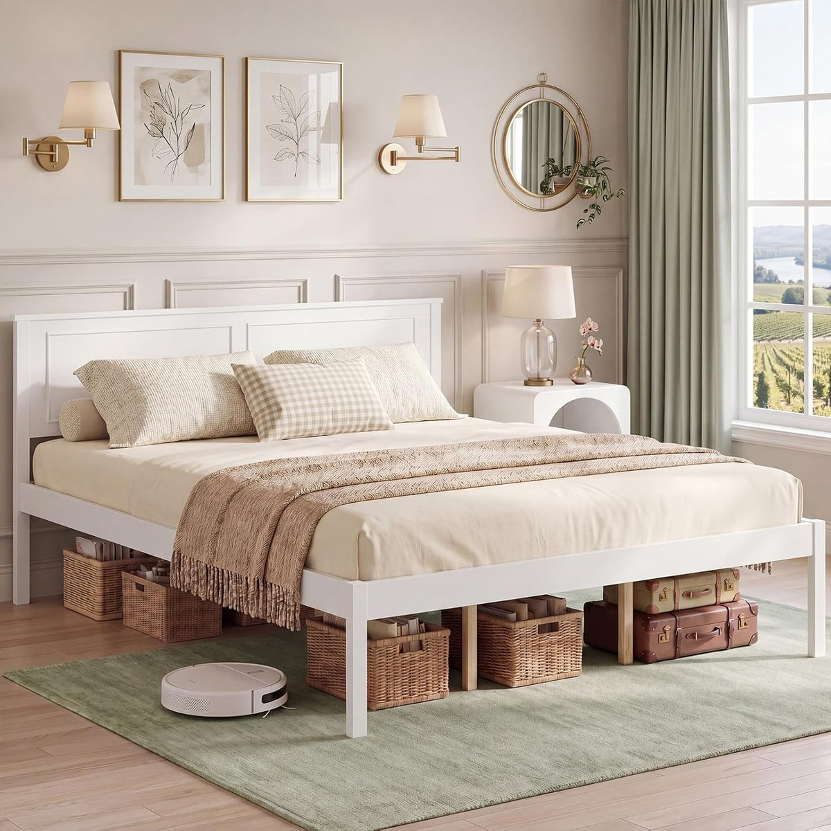 komfott queen size bed frame, farmhouse wooden platform, close-up detail