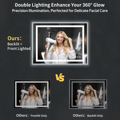 40"x30" led bathroom mirror with lights, backlit+frontlit, anti-fog, close-up detail