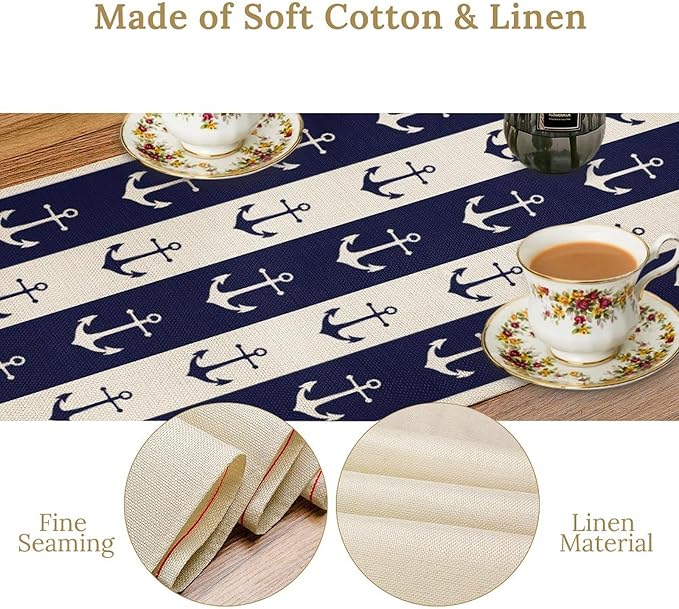 Nautical Anchor Table Runner, Ocean Beach Coastal Beach Stripe Background Theme - Image 4