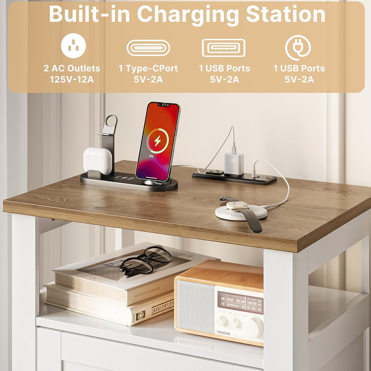 decofy farmhouse 2-drawer nightstand with charging station, white on a desk or shelf