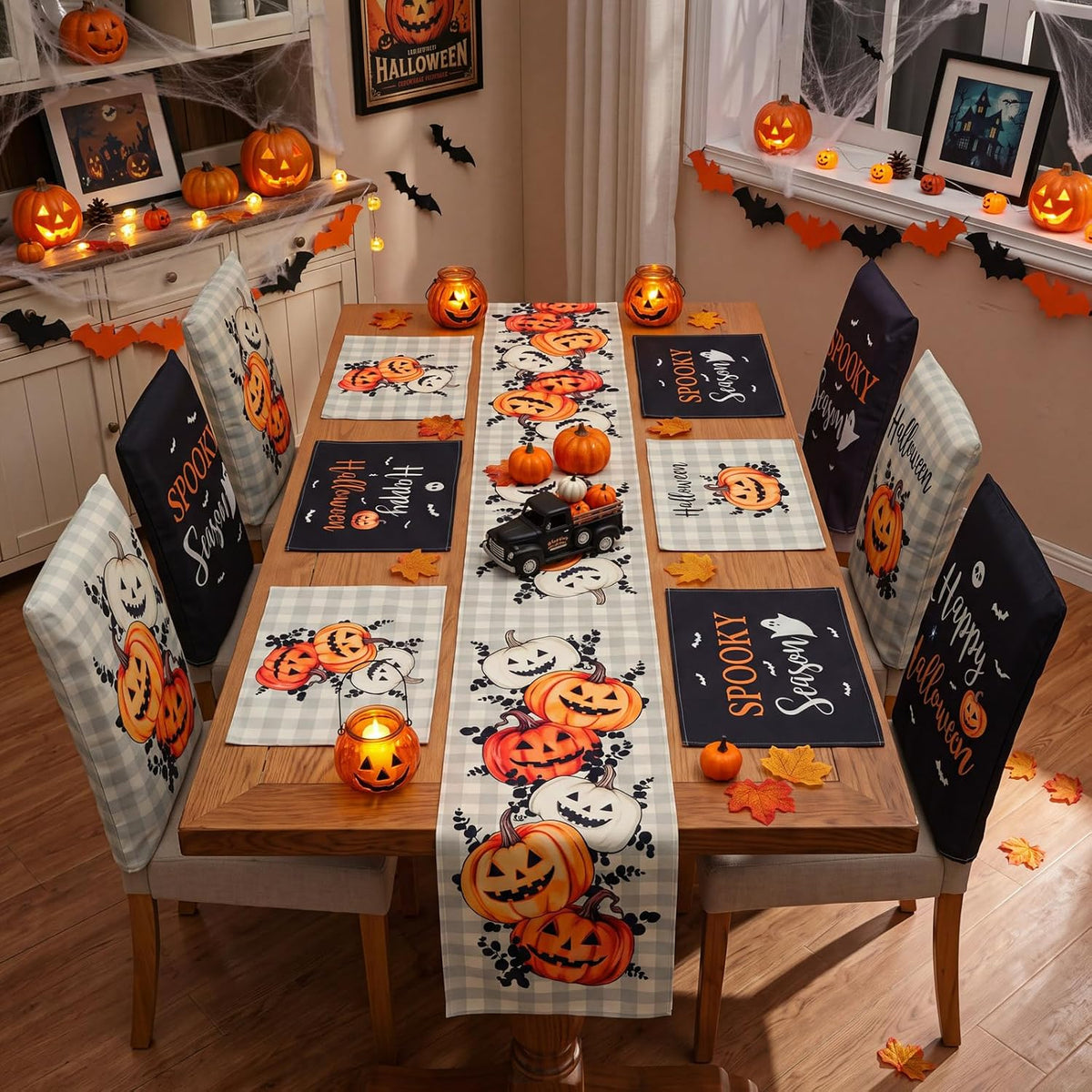 Newtay 13 Pcs Halloween Table Runner Placemats and Dining Chair Cover Set