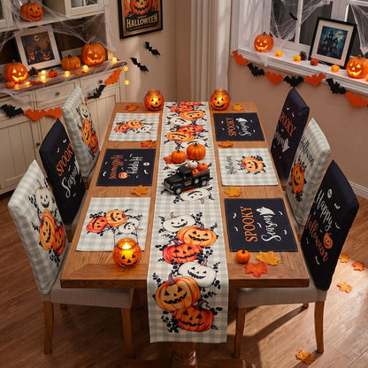 Newtay 13 Pcs Halloween Table Runner Placemats and Dining Chair Cover Set
