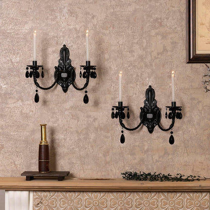 Black Iron Candle Sconces Gothic Wall Candle Holder Set of 2, Handcrafted Wrought Victorian Wall Mounted Candlestick with Acrylic Crystals for Halloween, Bedroom, Living Room, Dining Room
