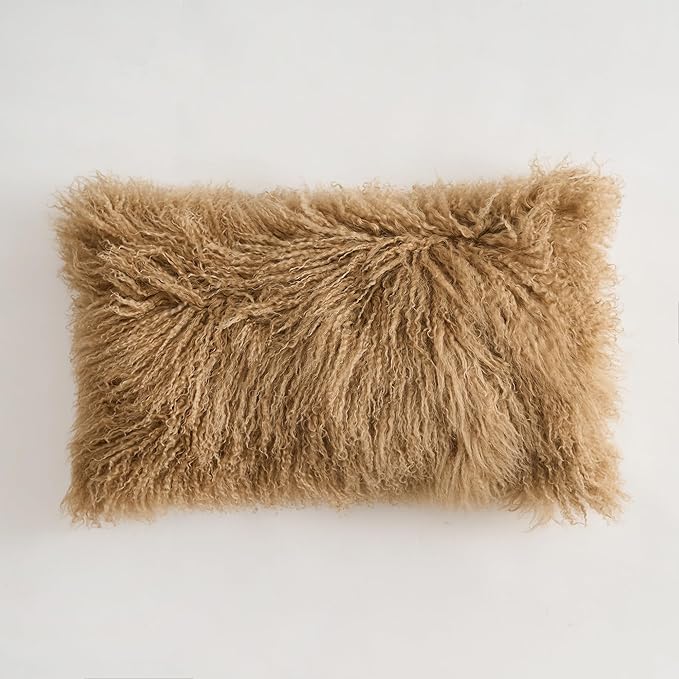 Genuine Mongolian Lamb Fur Pillow Cover – 12"x20" Rectangular Cushion Case – by Unknown