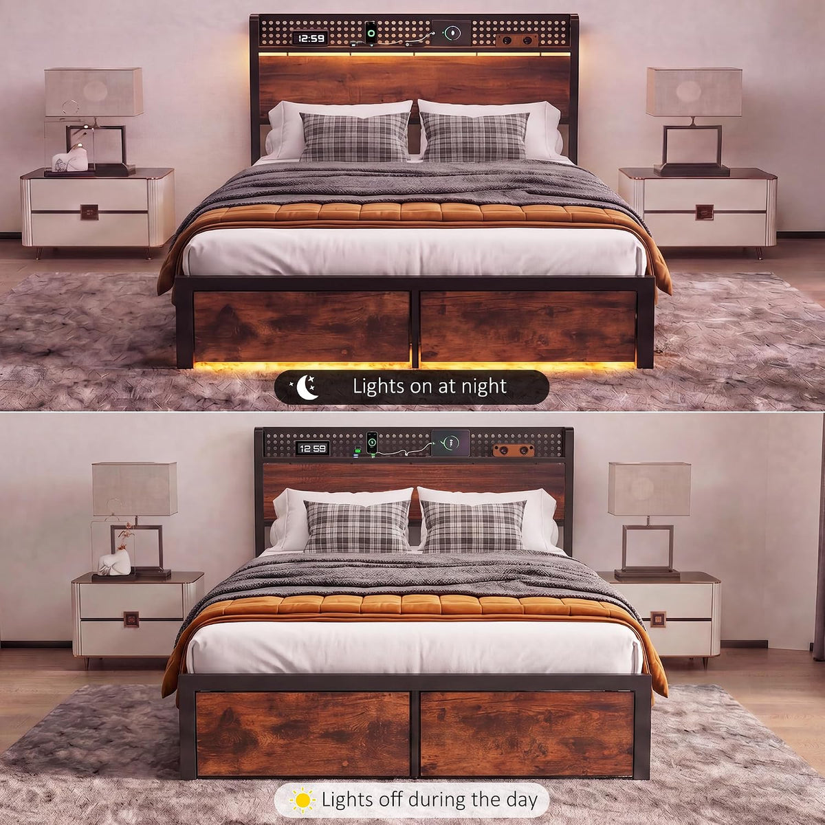 queen bed frame with 2 drawers, platform bed on a desk or shelf