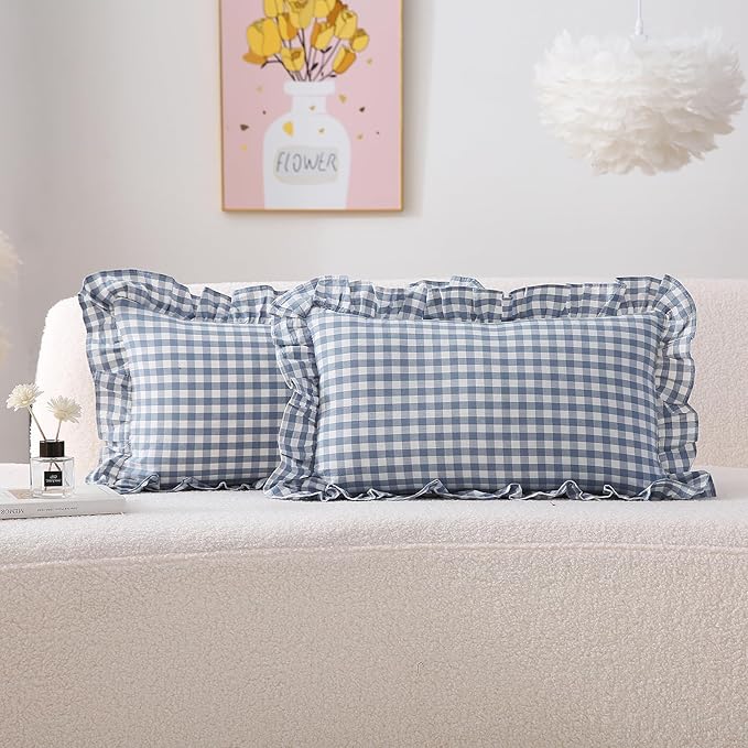 2 Pack Dust Blue Plaid Ruffle Gingham Lumbar Pillow Shams, 100% Yarn-Dyed by KMASANIJI