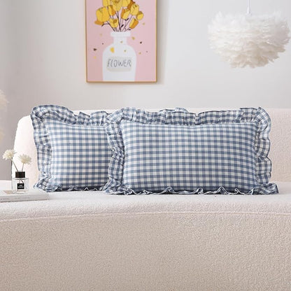 2 Pack Dust Blue Plaid Ruffle Gingham Lumbar Pillow Shams, 100% Yarn-Dyed by KMASANIJI