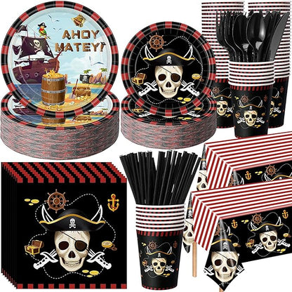 452 Pcs Pirate Party Supplies Decorations for 50 Guests, Pirate Treasure Theme Paper Plates Napkins Cups Tablecloth Cutlery Straws for Adult Halloween Birthday Party Decorations