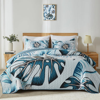 yogeneg queen quilt bedding set,white green botanical pattern, main product view