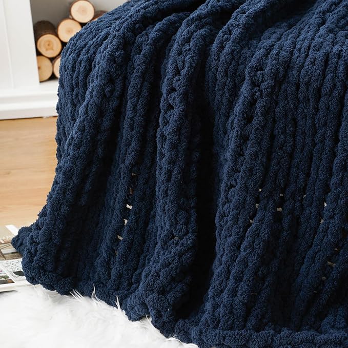 Battilo Navy Chunky Knit Throw Blanket, Soft and Thick Navy Blue Chenille Throw - Image 8