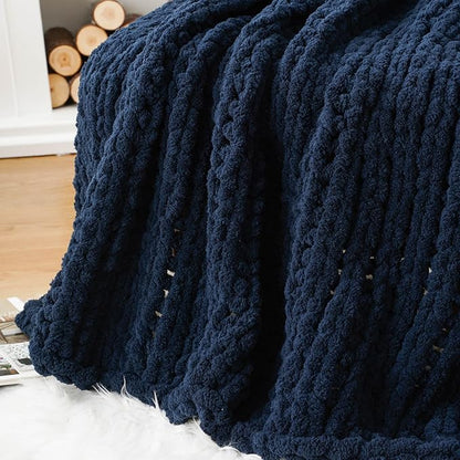 Battilo Navy Chunky Knit Throw Blanket, Soft and Thick Navy Blue Chenille Throw - Image 8