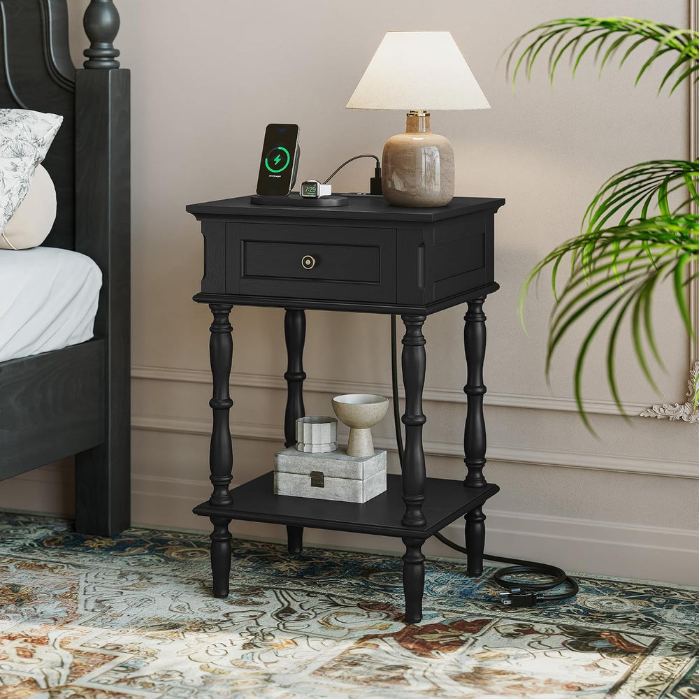 ARTPOWER Nightstand with Charging Station, Minimal Assembly, Retro Wood Night...