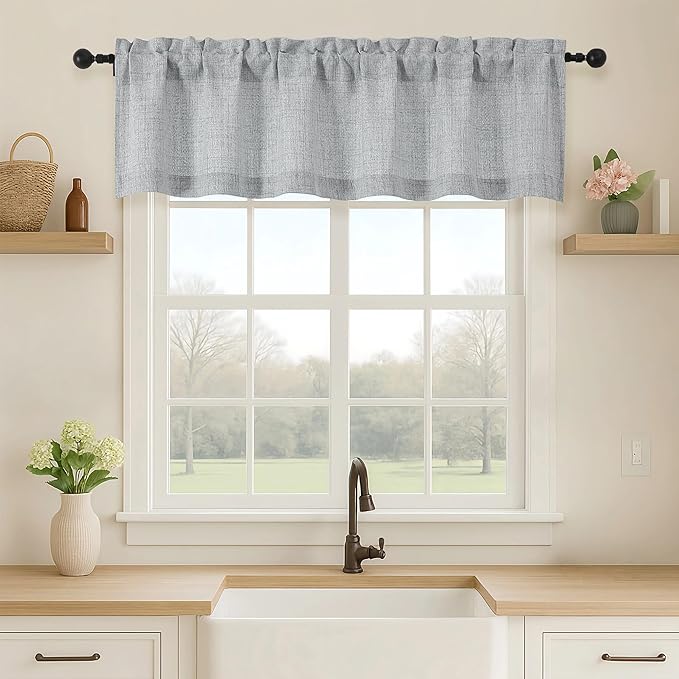 OVZME Grey Valance for Windows, Light Filtering Faux Linen Textured Small Short by OVZME