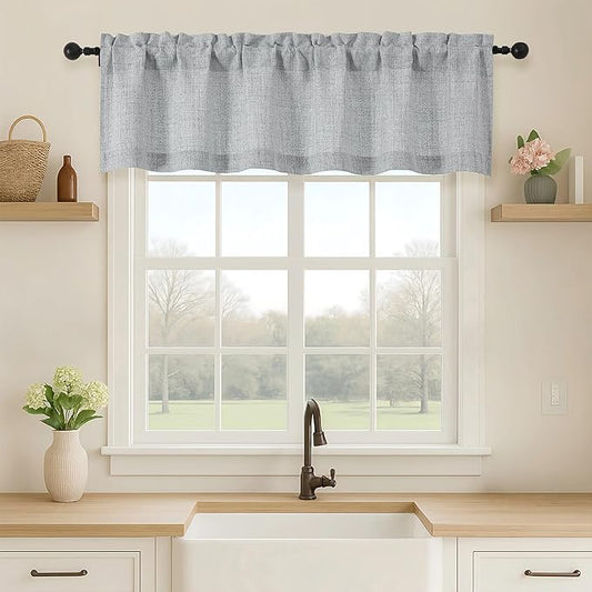 OVZME Grey Valance for Windows, Light Filtering Faux Linen Textured Small Short by OVZME