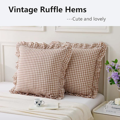Aryeleay 2 Pack Khaki White Plaid Gingham Ruffle Pillow Shams, 100% Washed - Image 3