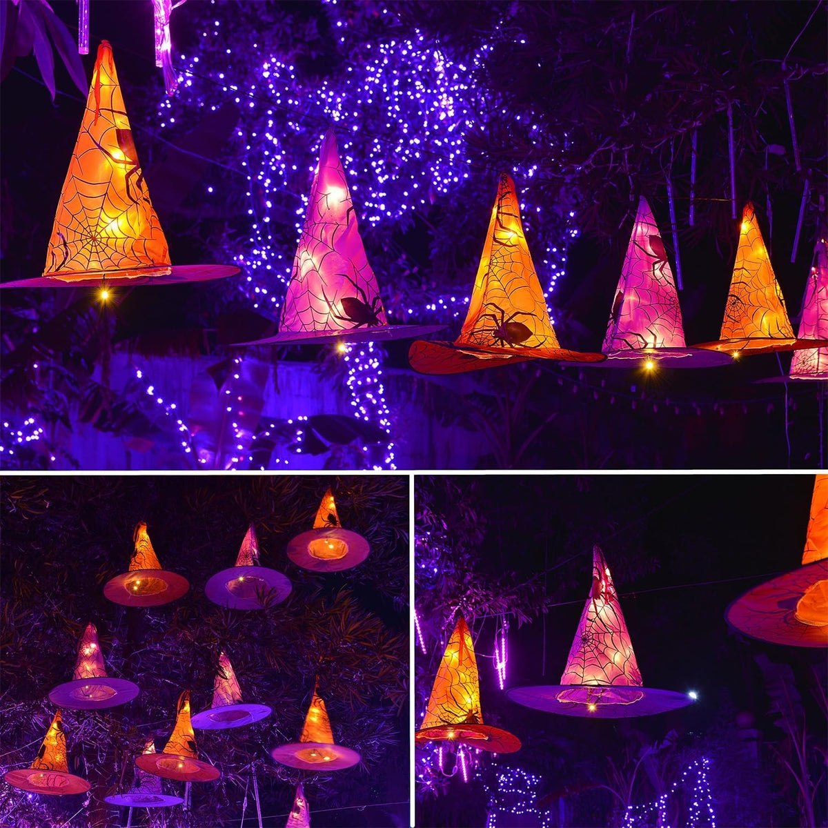 WATERGLIDE Halloween Decorations, 12Pcs Lighted Hanging Witch Hats 8 Modes