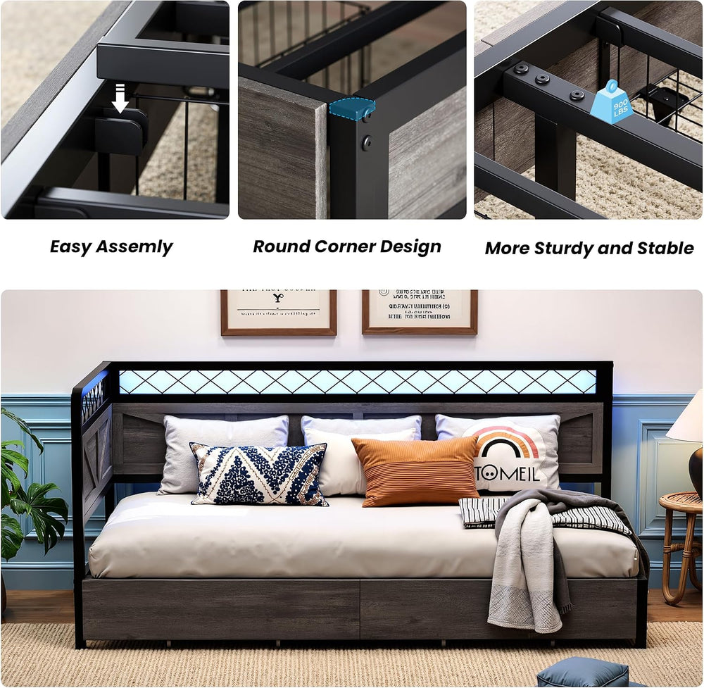 ANCTOR Corner Bed Frame Twin DayBed with Storage Drawers, Charcoal Grey