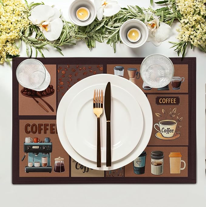 Coffee Theme Placemats Set of 4 Farmhouse Style Brown Linen Fabric Table Mat - Image 3