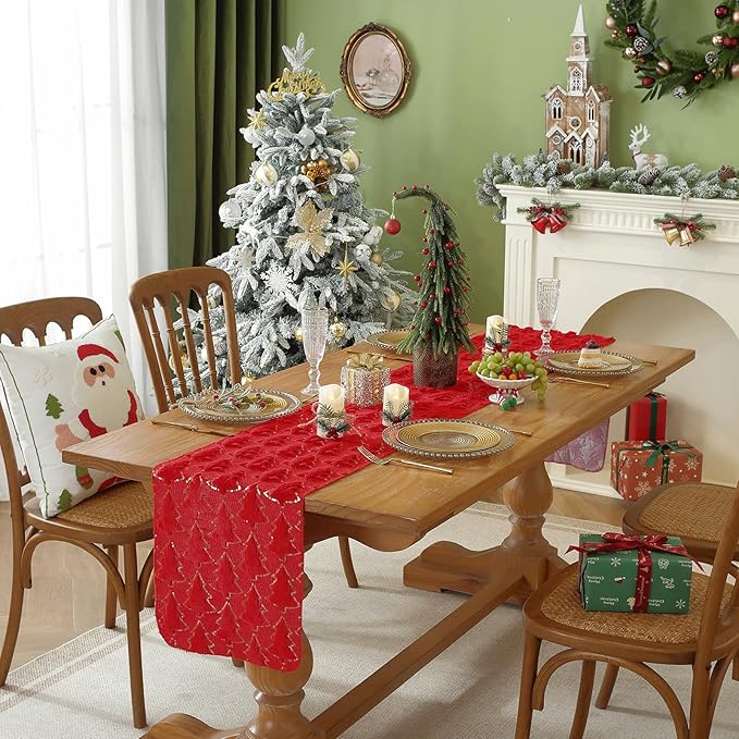Christmas Trees Red Soft Plush Faux Fur Jacquard Gold Sequin Glitter Christmas - Image 3