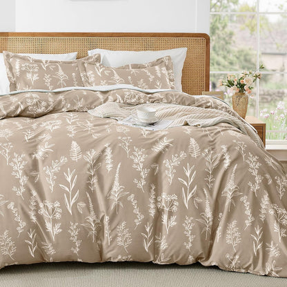 muxhomo duvet cover queen size, 3-piece floral taupe, main product view