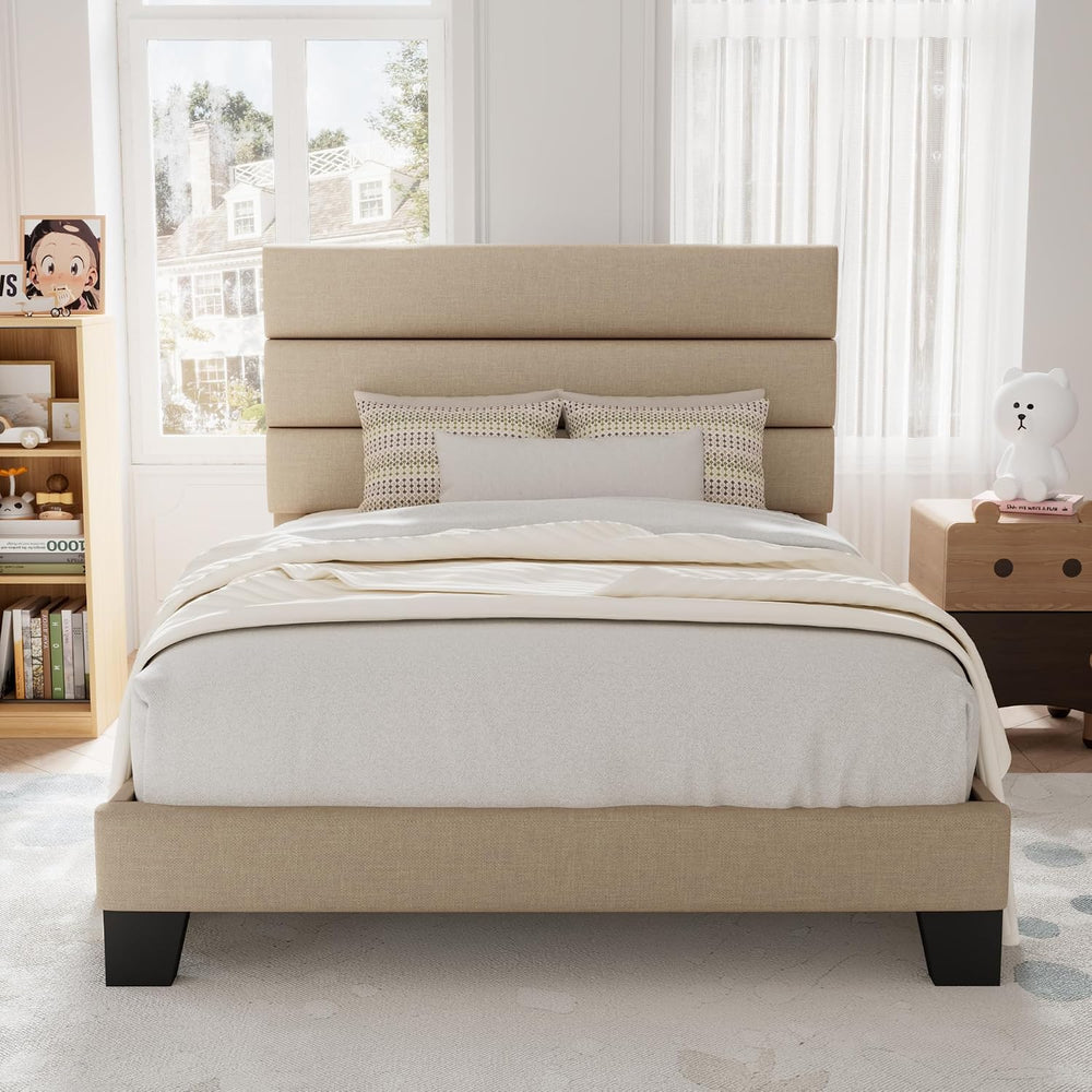 Allewie Twin Size Platform Bed Frame with Fabric Upholstered Headboard