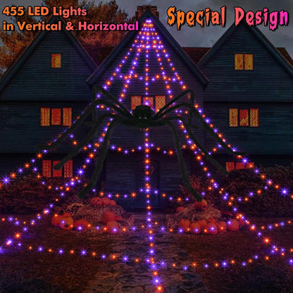 Halloween Spider Web Lights Decoration 455 LED Spider Webs Halloween Decorations Outdoor with 59" Large Spider & 3.53 oz Stretch Cobweb 16.4 Ft Light Up Giant Spider Web (Purple & Orange)