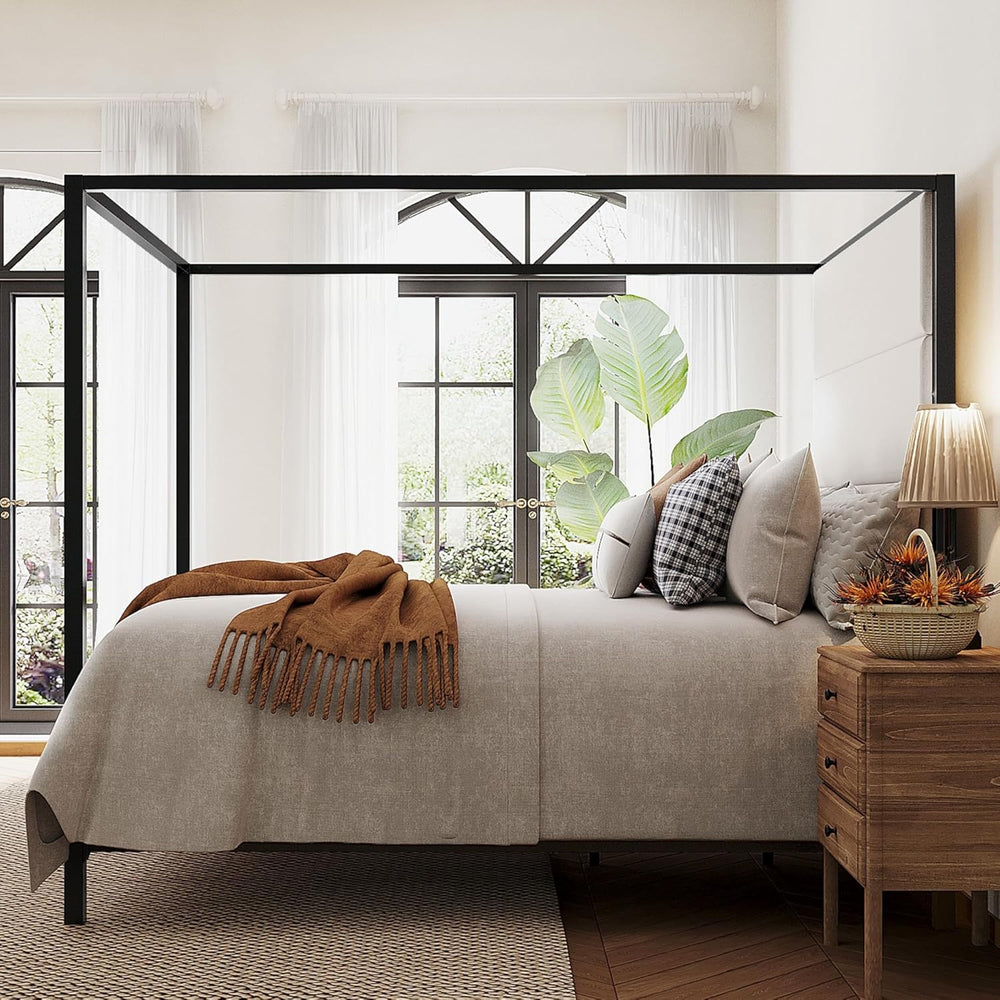 Merax Queen Size Metal Canopy Bed Frame, Modern Tall Upholstered Velvet Headb...