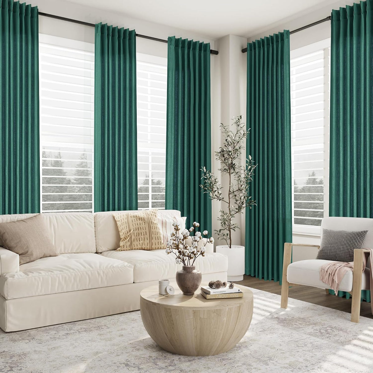 aersas dark green pinch pleated linen curtains 96, front angle view