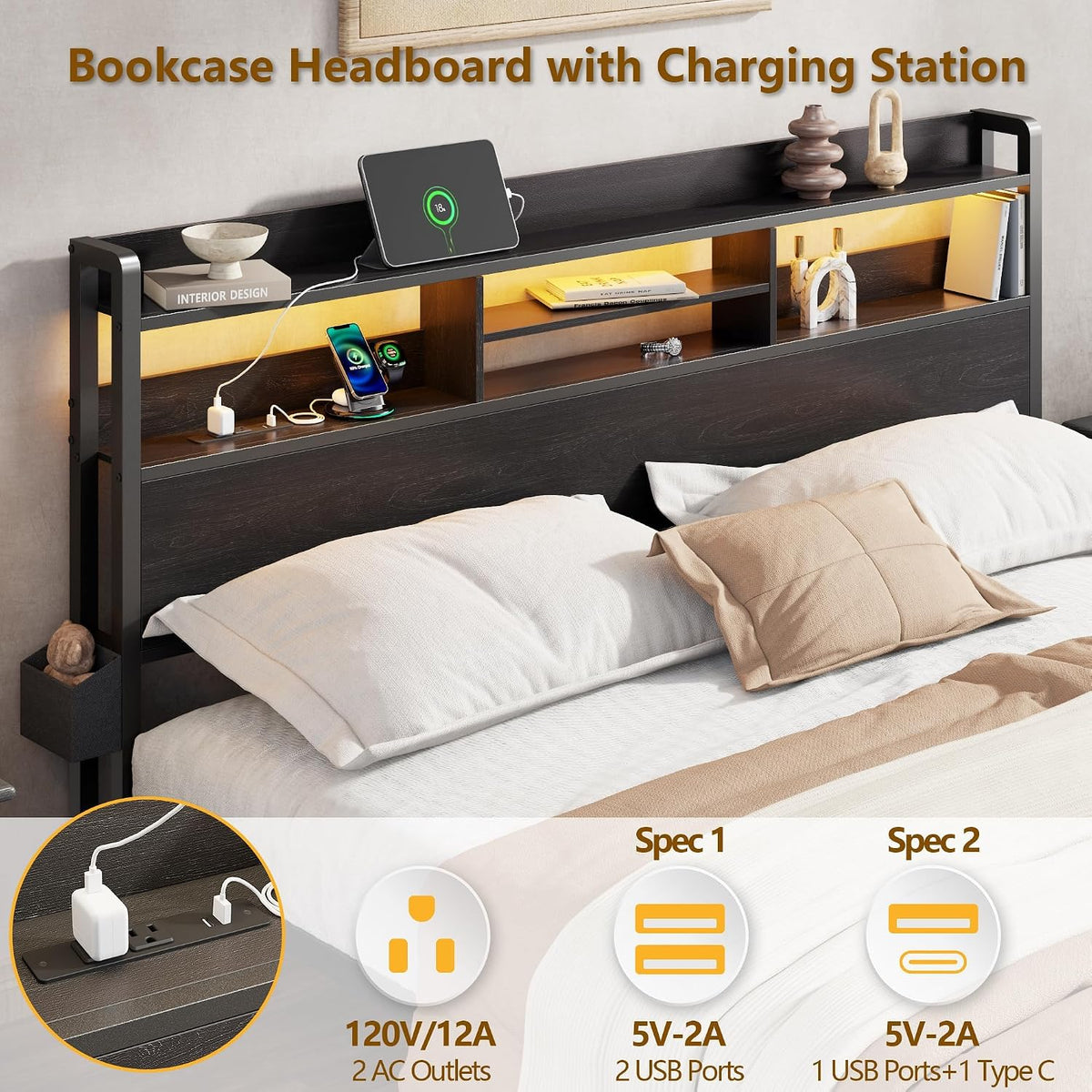 furnulem full size bed frame with headboard and, close-up detail