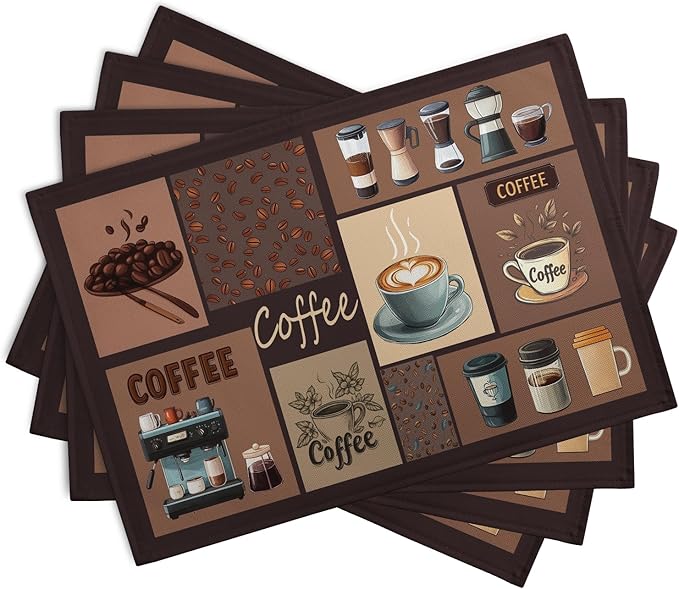 Coffee Theme Placemats Set of 4 Farmhouse Style Brown Linen Fabric Table Mat - Image 2