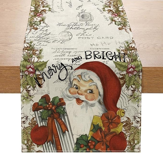 Vintage Christmas Santa Claus Table Runner 13x72 Inch Merry and Bright by ZCHOMI