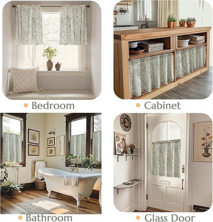 JINCHAN Floral Linen Tier Curtains Floral Sage on Beige Cafe Curtains 24 Inch - Image 4