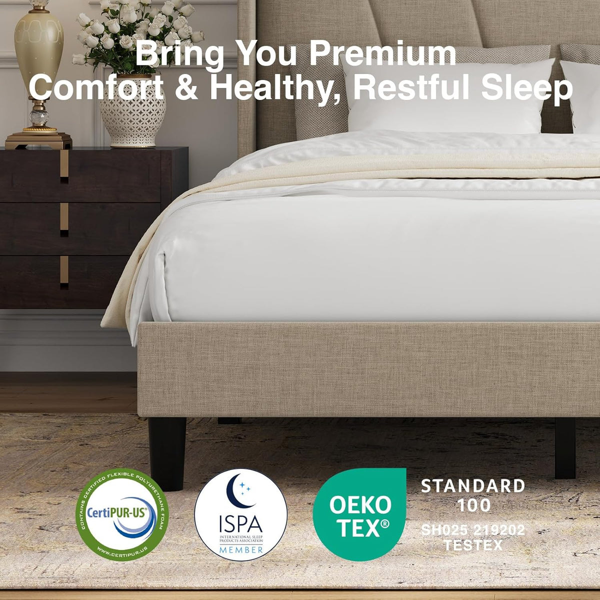 novilla queen size bed frame, queen bed frame, front angle view