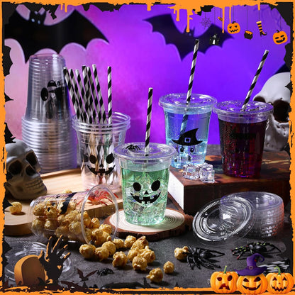12oz Halloween Disposable Plastic Cups with Lids and Straws