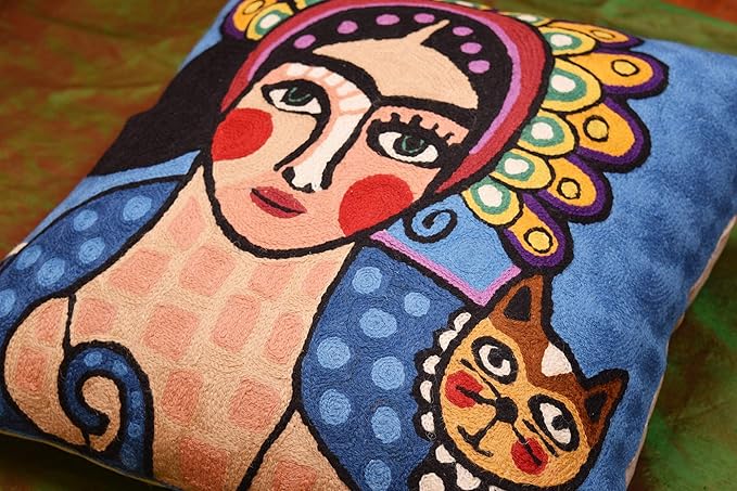 Frida Inspired Blue Throw Pillow Cover Cat Pillowcase Tiara Mexican Art Chair - Image 9