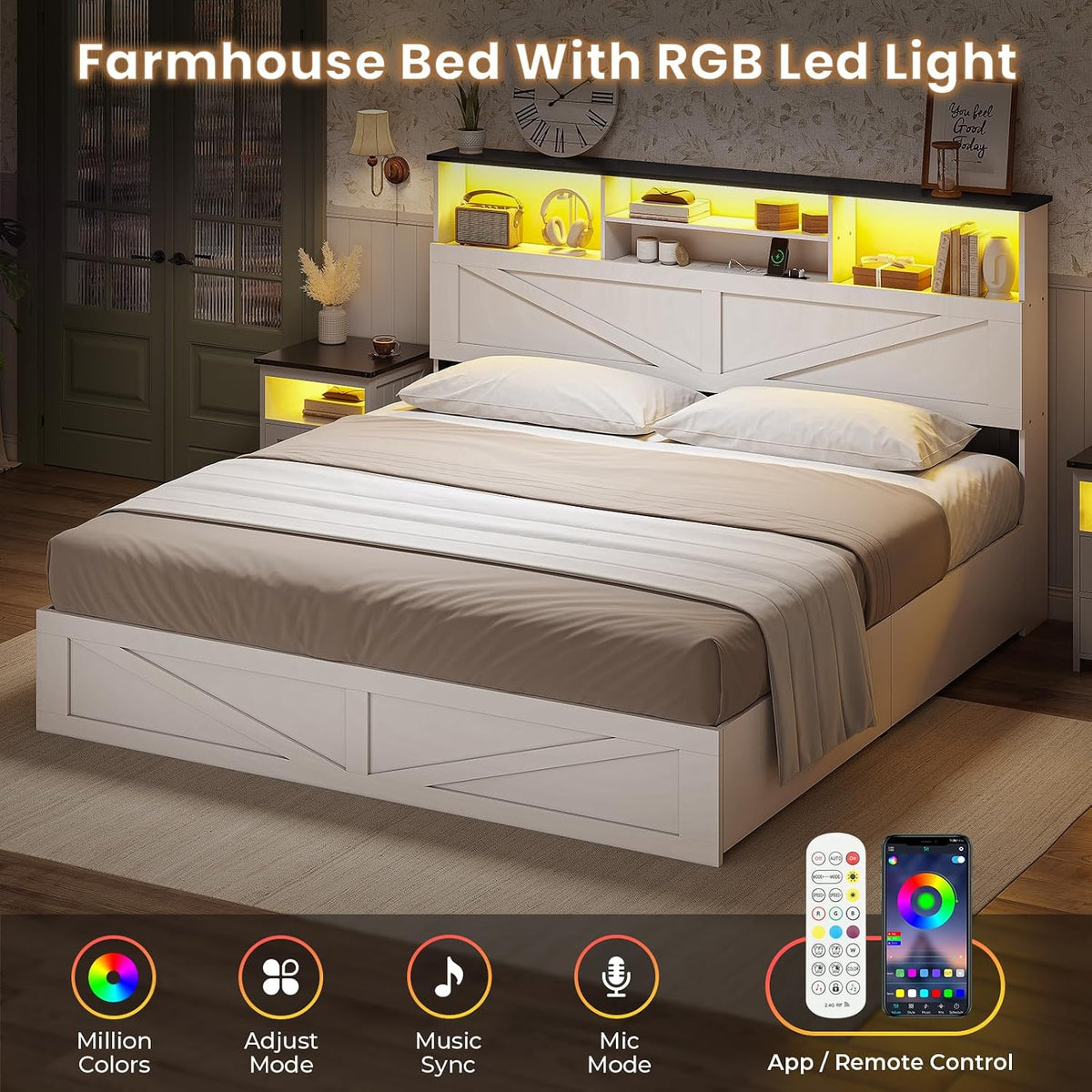 aogllati farmhouse king bed frame bed frame with, side view