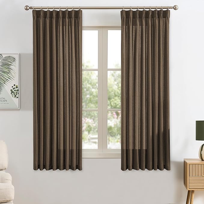 Brown Pleated Linen Curtains 63 Inches Long Farmhouse Semi Sheer Memory Trained by RAIN+CITY