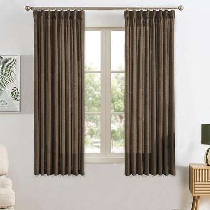 Brown Pleated Linen Curtains 63 Inches Long Farmhouse Semi Sheer Memory Trained by RAIN+CITY