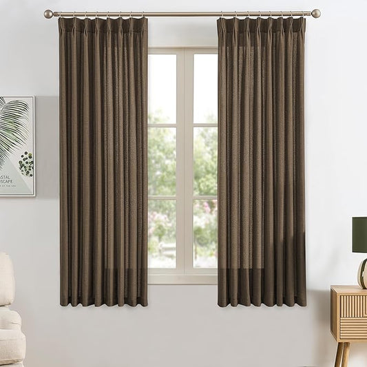 Brown Pleated Linen Curtains 63 Inches Long Farmhouse Semi Sheer Memory Trained by RAIN+CITY