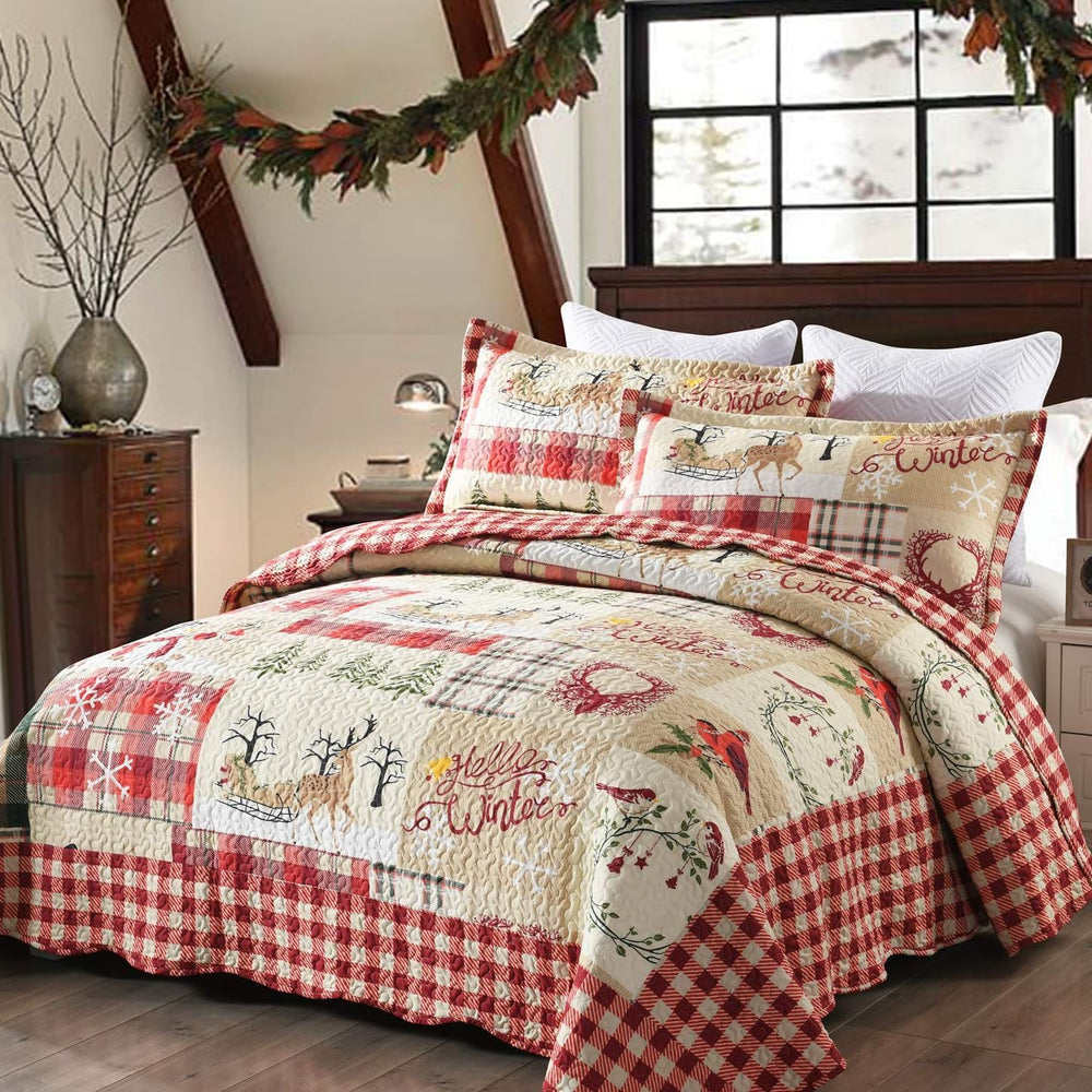 MarCielo Christmas Reindeer Plaid Quilt Set Red Patchwork Bedding Bedspread