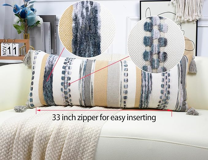 PANOD Boho Long Lumbar Throw Pillow Cover 14 x 36 Light Grey, Chenille Morocan - Image 3