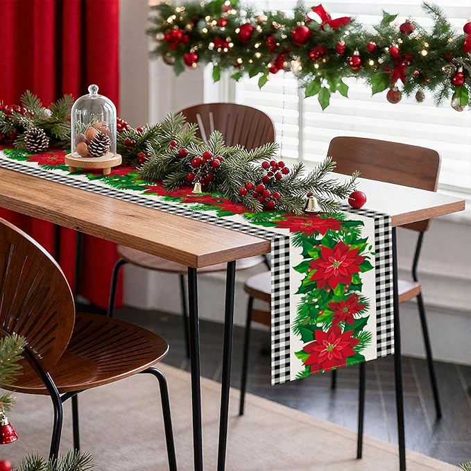 OTOSTAR Black and White Buffalo Check Plaid Holly Christmas Flowers Table Runner - Image 8