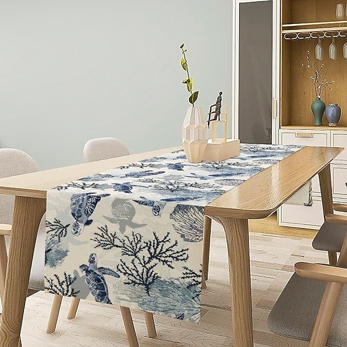 Summer Turtle Table Runner, Cartoon Sea Turtle Tropical Ocean Beach Teal - Image 2
