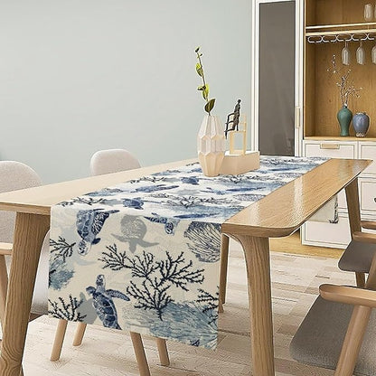 Summer Turtle Table Runner, Cartoon Sea Turtle Tropical Ocean Beach Teal - Image 2