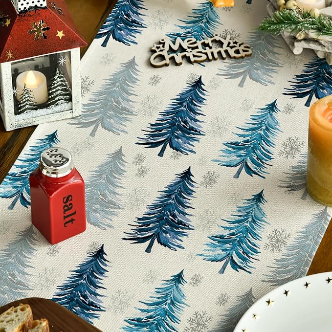 Artoid Mode Xmas Trees Snowflake Christmas Table Runner, Seasonal Winter Blue - Image 3