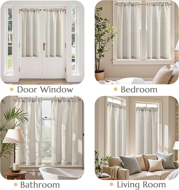 jinchan Striped Linen Kitchen Curtains 45 Inches Tier Curtains Farmhouse Modern - Image 4