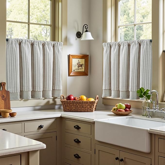 jinchan Double Layer Striped Linen Kitchen Tier Curtain Rustic Cafe - Image 4