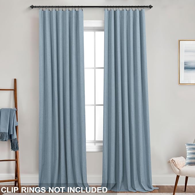 KOUFALL 52x102 Inches Long Stone Blue Back Tab Linen Blackout Curtains - Image 3