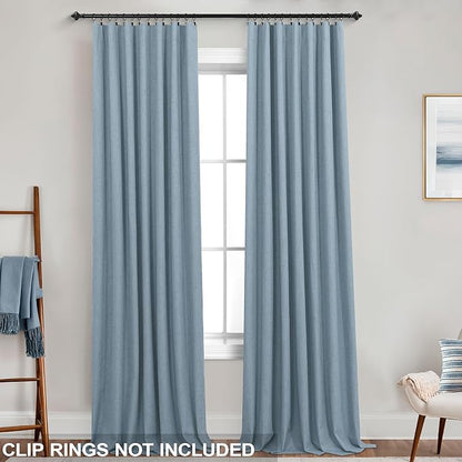 KOUFALL 52x102 Inches Long Stone Blue Back Tab Linen Blackout Curtains - Image 3