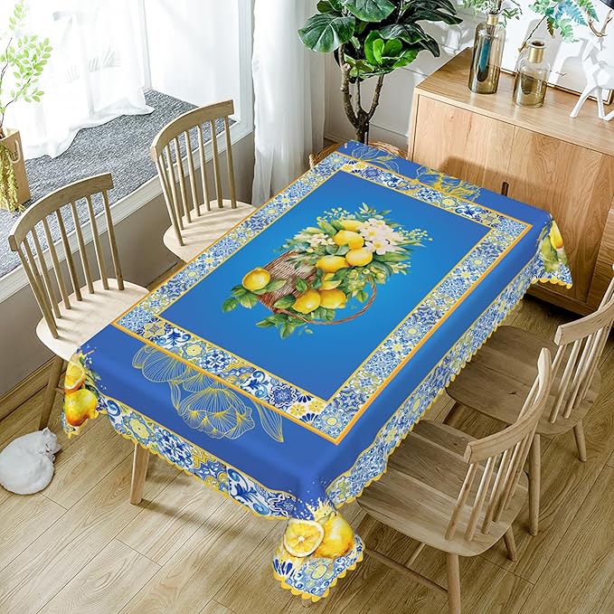 52x70inches Blue and Yellow Rectangle Tablecloth Summer Fruit Lemon Boho Floral - Image 5